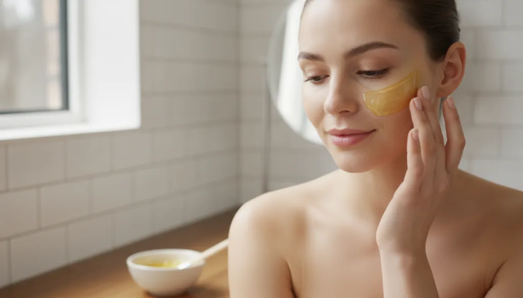 A woman gently applying a thin layer of the yellow mask to her cheek with her fingertips demonstrating the application p
