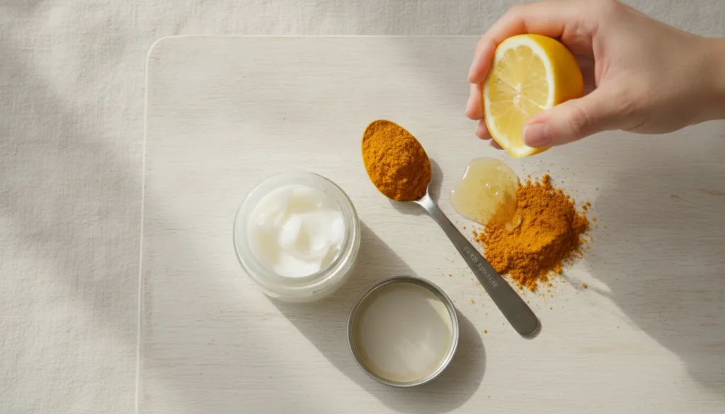 Individual ingredients for the mask a small jar of Vaseline a bowl of turmeric powder and a cut lemon with its juice bei