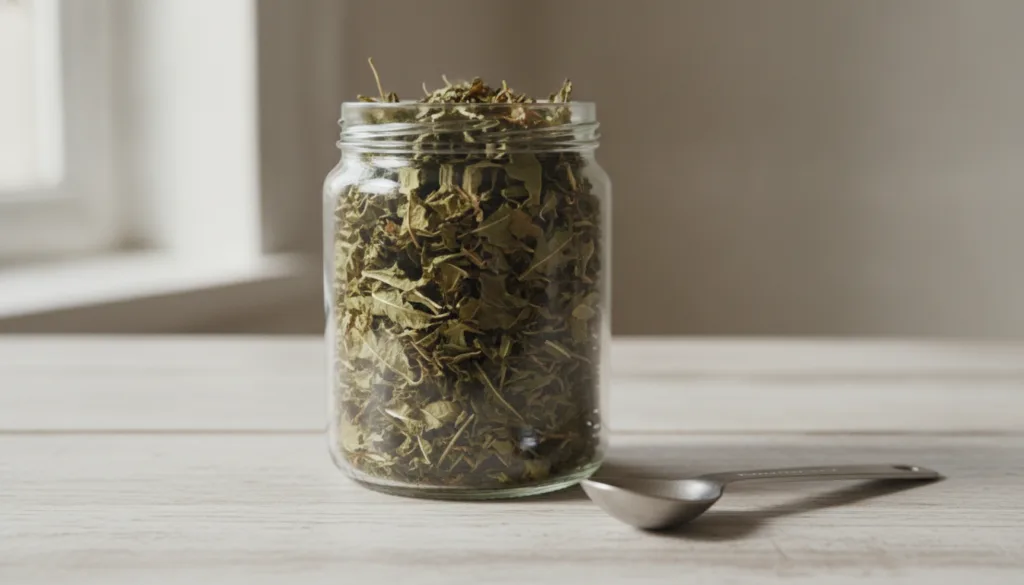 A close-up of dried dandelion leaves in a glass jar clearly labeled with a measuring spoon resting beside it indicating 