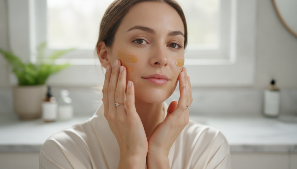 A woman with clear radiant skin gently massaging the DIY collagen oil into her face with her fingertips showing a calm a