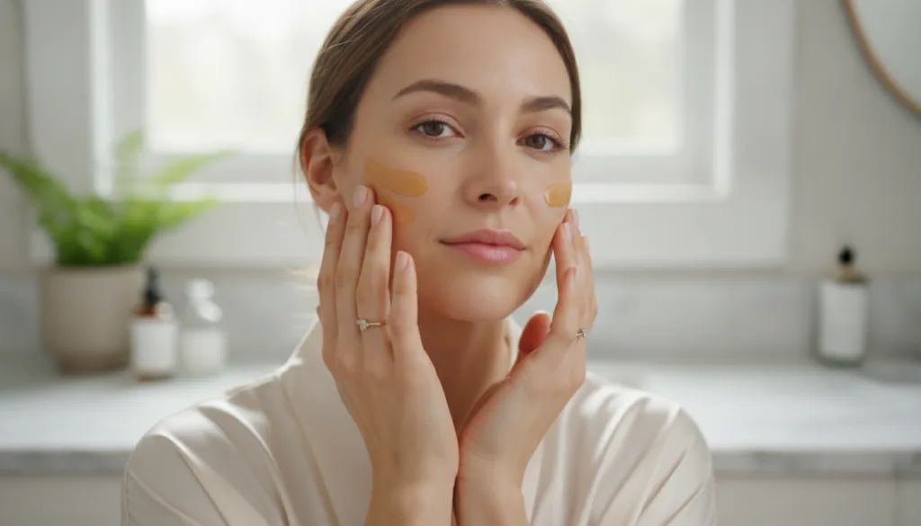 A woman with clear radiant skin gently massaging the DIY collagen oil into her face with her fingertips showing a calm a