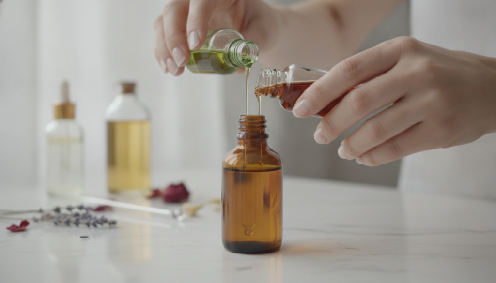 A person s hands gently pouring different oils from small bottles into a larger amber dropper bottle illustrating the mi
