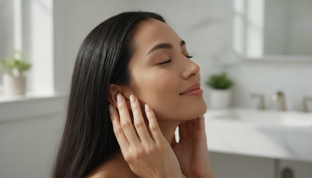 A woman gently massaging aloe vera hair oil into her scalp with her fingertips her eyes closed in relaxation in a warm n