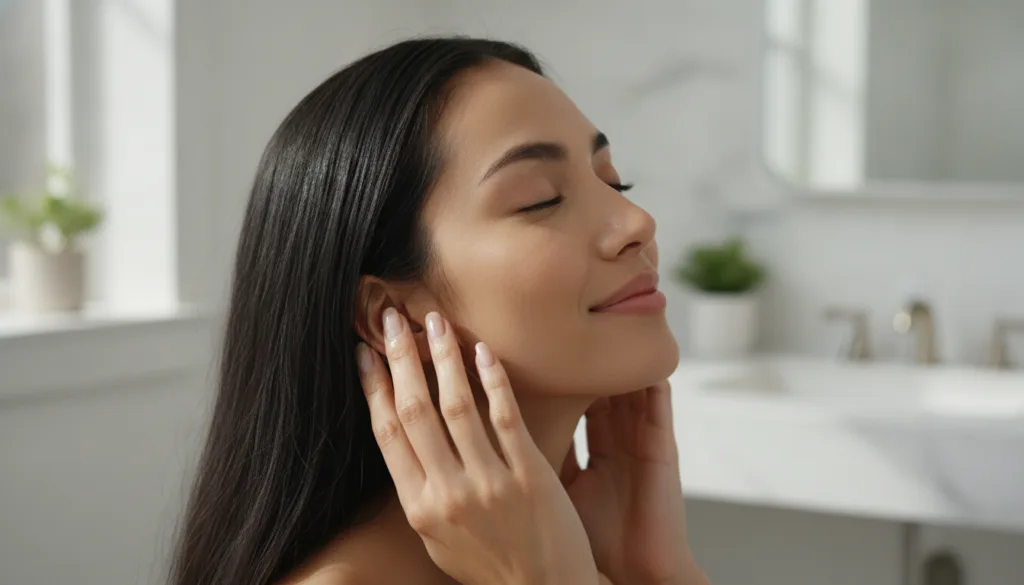 A woman gently massaging aloe vera hair oil into her scalp with her fingertips her eyes closed in relaxation in a warm n