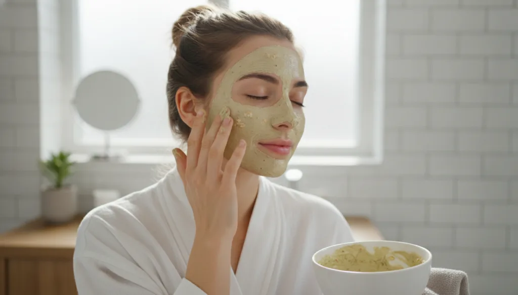 A woman gently applying a homemade face mask to her clean face with her fingertips looking relaxed in a well-lit bathroo