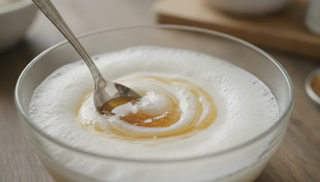 A close-up of a small glass bowl containing frothed egg white and a spoonful of golden honey being stirred together with