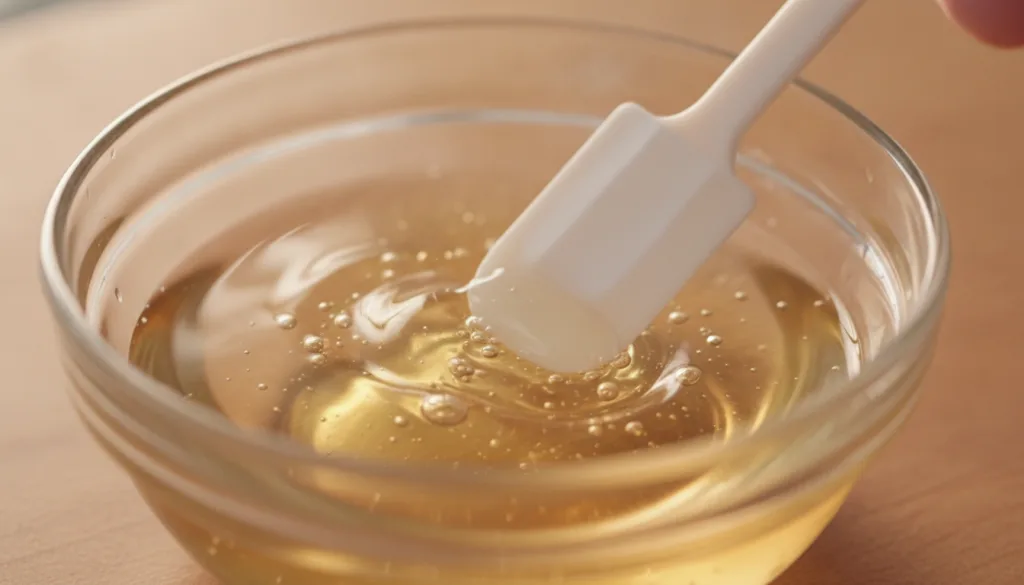 Close-up of a small glass bowl with melted Vaseline and other oils being stirred gently with a small spatula or spoon sh