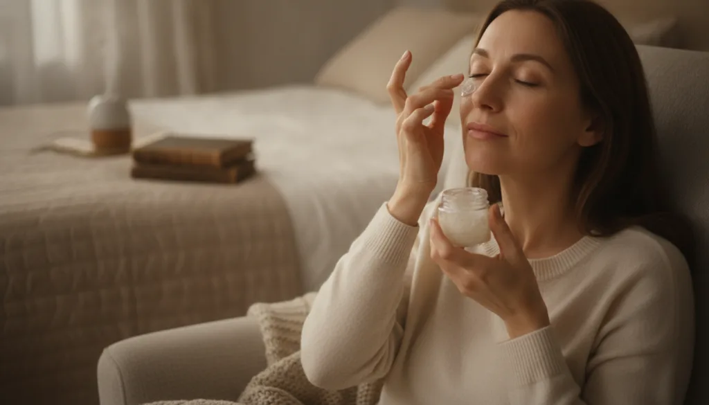 A woman in her 30s or 40s gently applying a small amount of the homemade Vaseline balm to her face focusing on the under