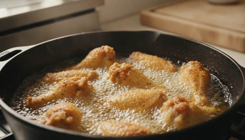 Chicken wings frying in hot oil in a deep pot showing golden-brown crispiness