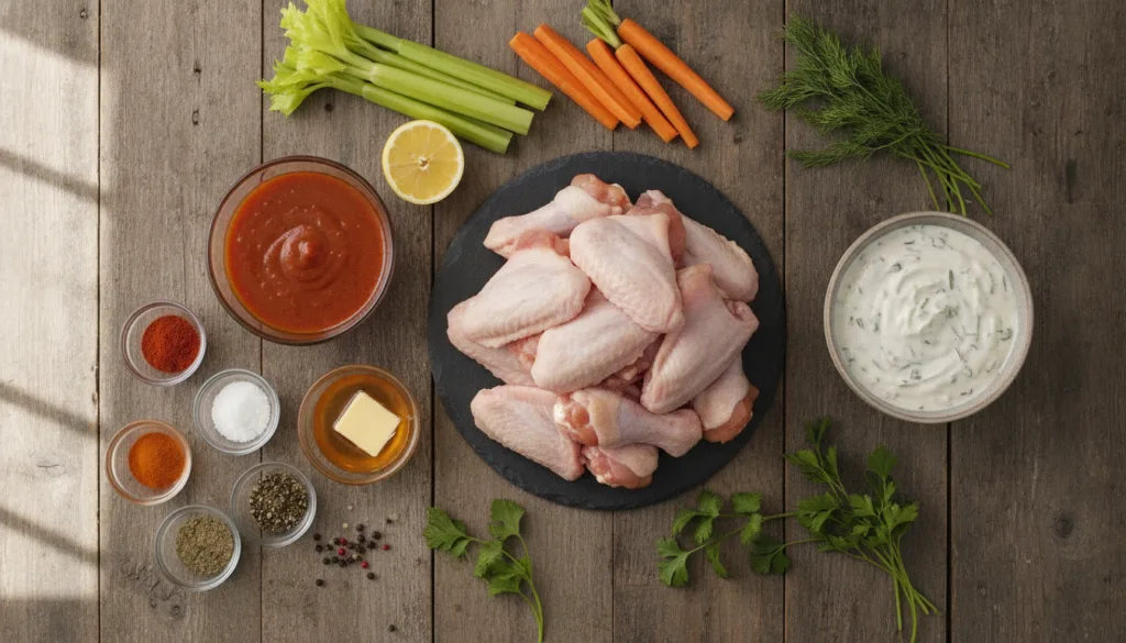 A flat lay of all the fresh ingredients for wings sauce and ranch neatly arranged on a rustic wooden table