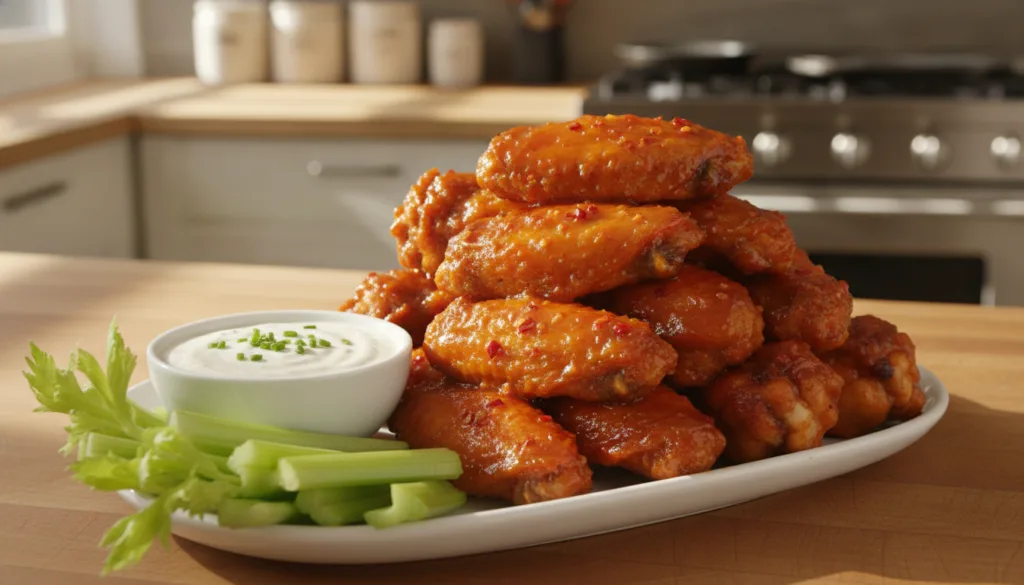 Crispy sauced honey buffalo chicken wings piled high on a white platter with a side of creamy ranch dressing and fresh c