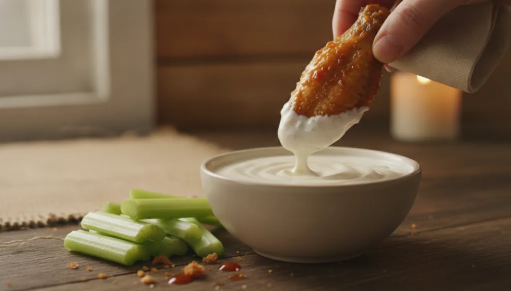 A close-up of a hand dipping a honey buffalo chicken wing into a small bowl of creamy ranch dressing with celery sticks 