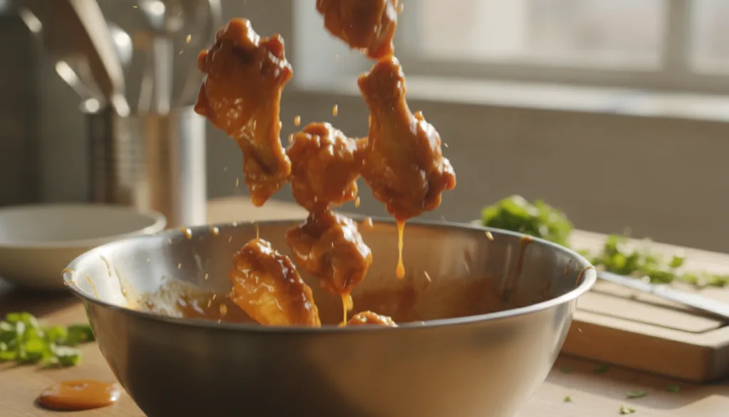 Hot fried wings being tossed in a bowl with the glistening honey buffalo sauce