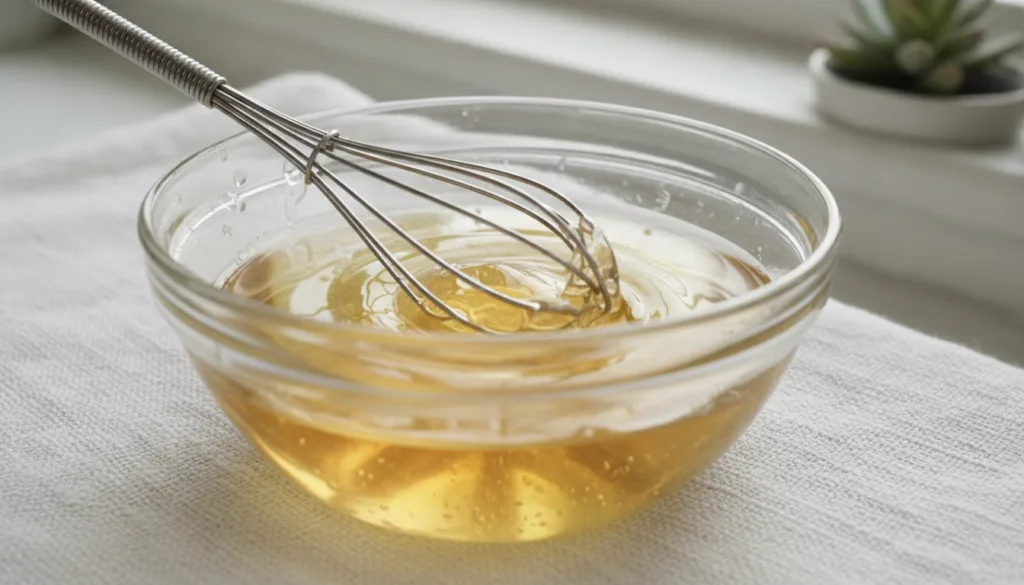 A close-up shot of a small bowl containing melted petroleum jelly and baby oil being stirred together with a mini whisk