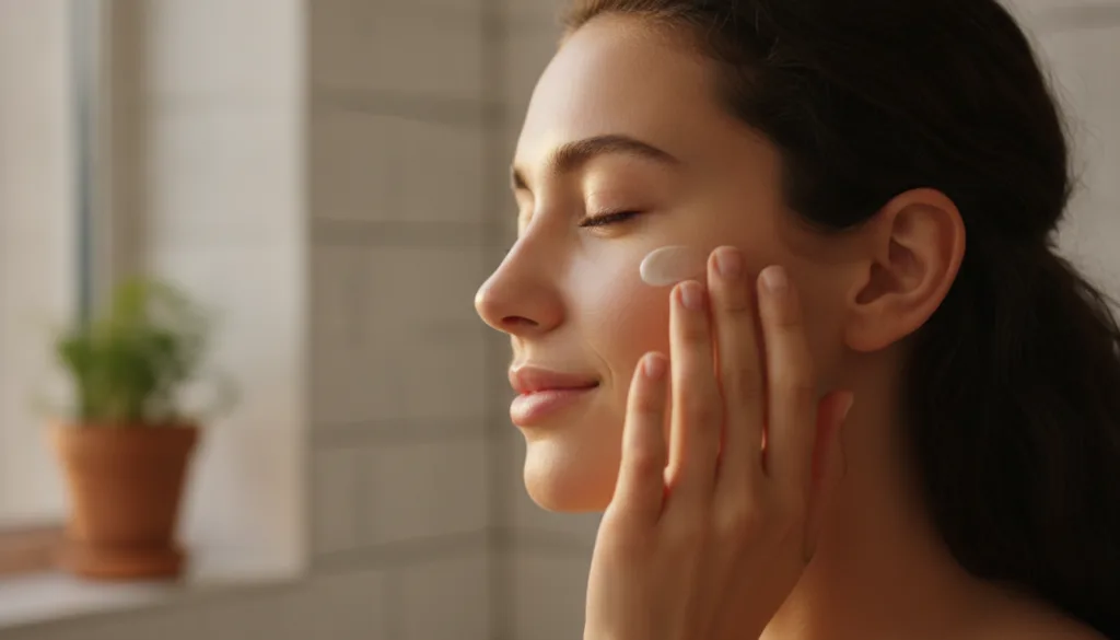 A woman gently applying a small amount of the homemade cream to her cheek with her fingertips showing soft hydrated skin
