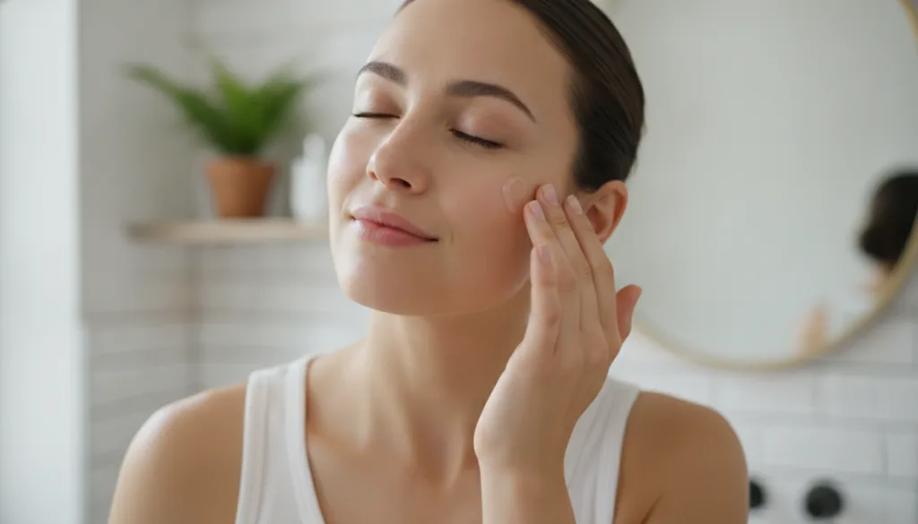 A woman gently applying a small amount of clear gel to her cheek with her fingertips her eyes closed in a serene express
