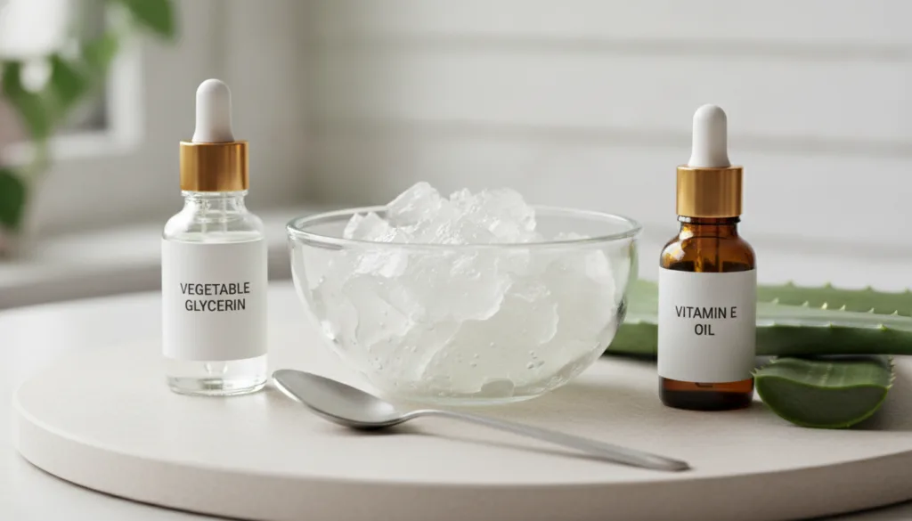 Close-up of aloe vera gel vegetable glycerin and a small bottle of Vitamin E oil arranged neatly on a light clean surfac