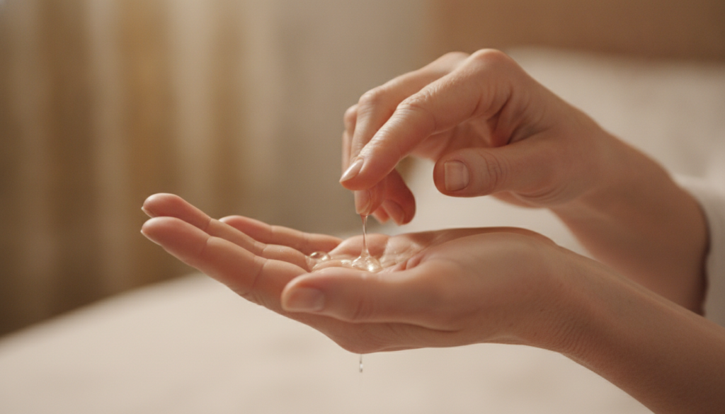 A close-up of a person applying a few drops of homemade glow oil to their fingertips preparing to massage it into their 