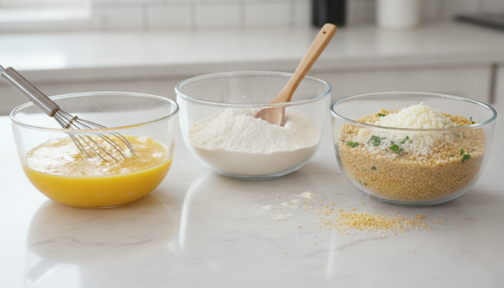 A clear glass bowl with beaten eggs a second bowl with all-purpose flour and a third bowl with panko breadcrumbs mixed w