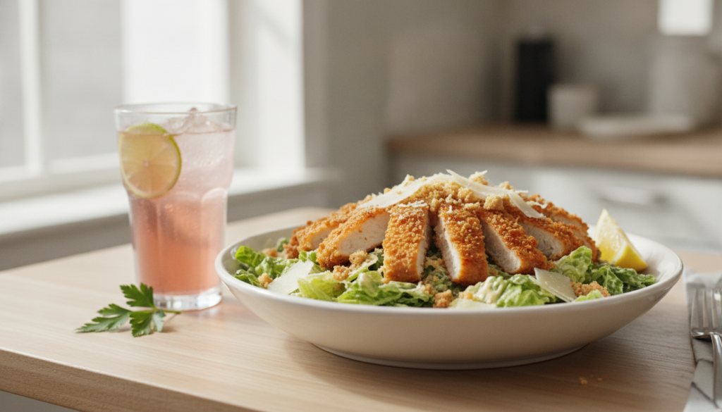 A vibrant fresh crispy chicken Caesar salad in a large white bowl topped with golden fried chicken toasted breadcrumbs a