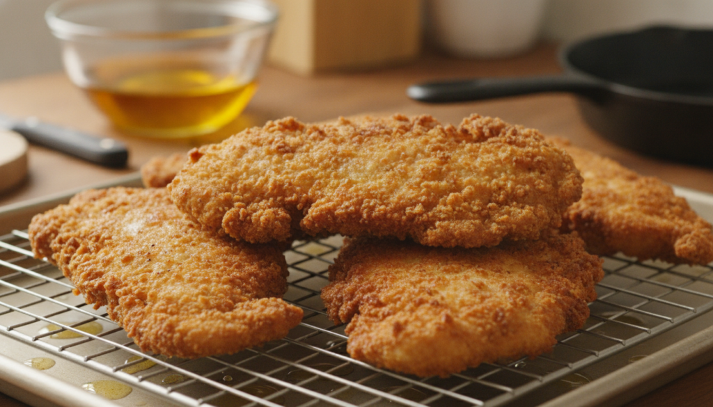 A close-up of golden crispy fried chicken cutlets resting on a wire rack to drain excess oil with a blur of oil in the b