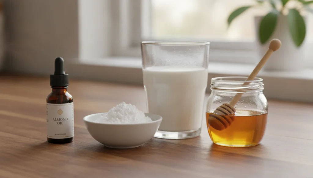 Close up of the four ingredients unflavored gelatin powder a glass of milk a jar of honey and a small bottle of almond o