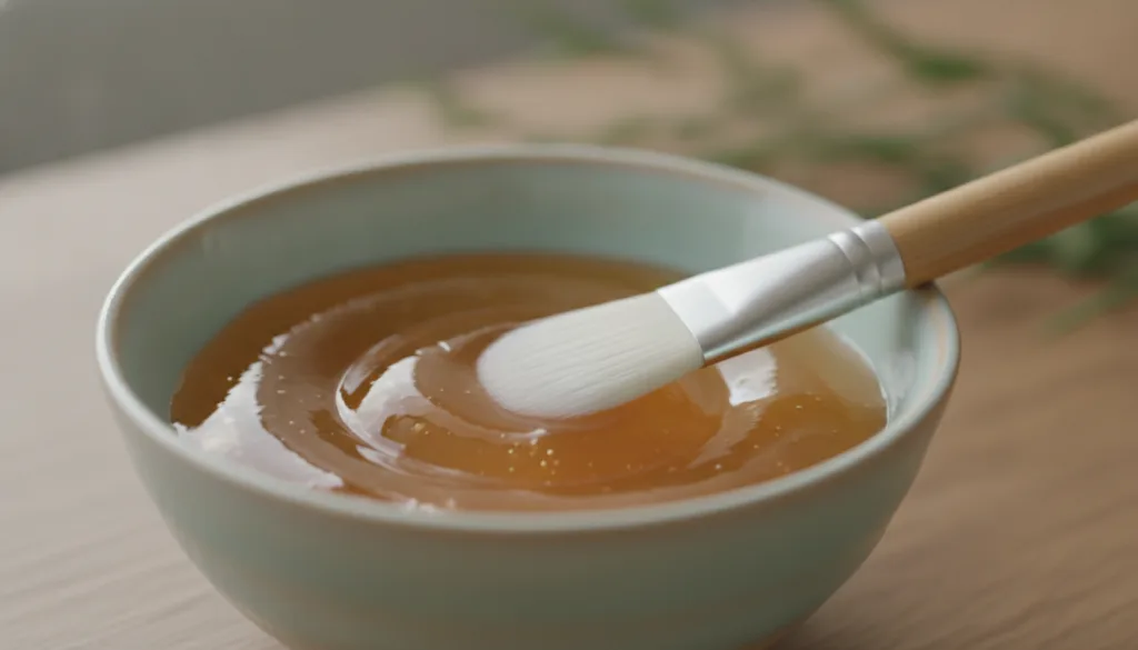 A small bowl of the prepared gelatin mask with a clean brush resting on the rim ready for application The texture is smo