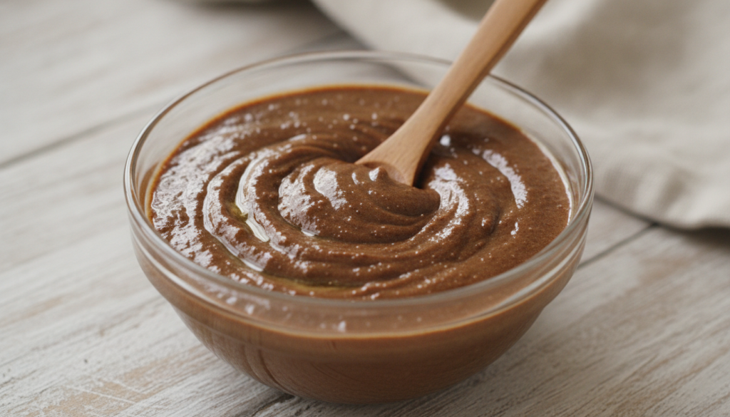 A small glass bowl containing a freshly mixed coffee and honey paste showing its rich brown color and thick texture on a