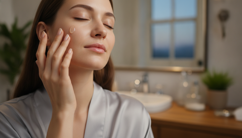 A woman s hand gently applying a small amount of the DIY collagen night gel onto her clean face before bedtime Her skin
