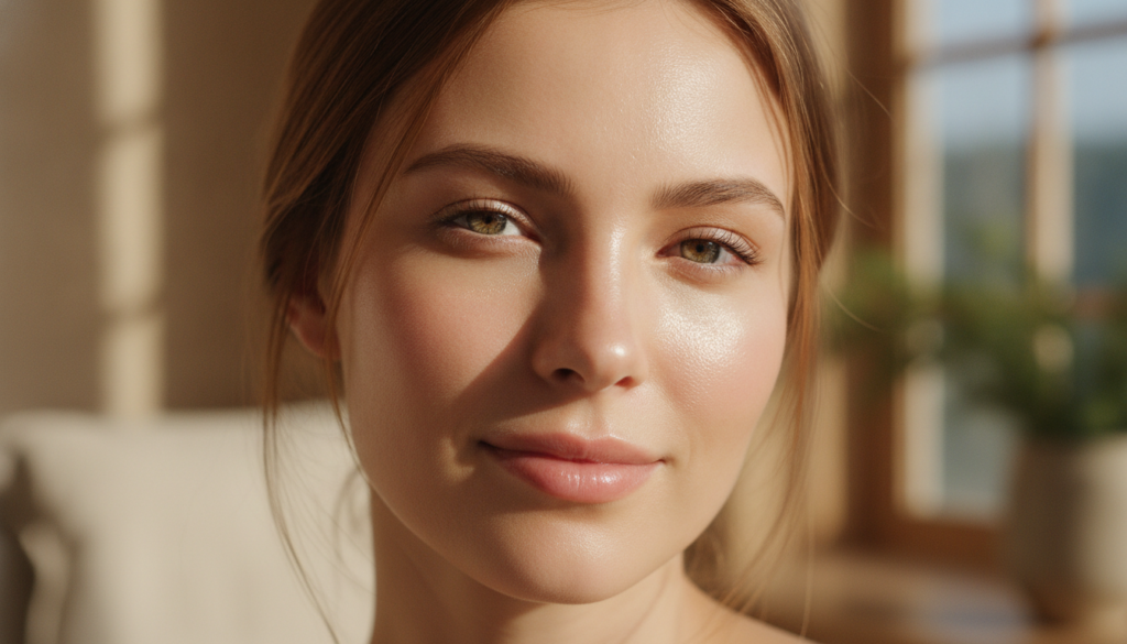 A close-up of a woman s face with clear glowing skin looking refreshed and hydrated possibly after an overnight treatmen