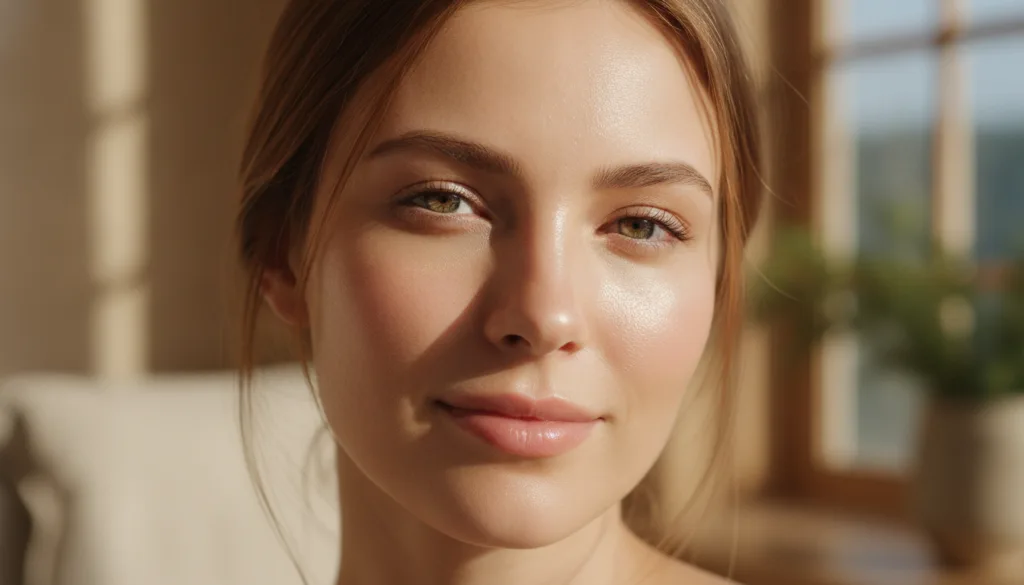 A close-up of a woman s face with clear glowing skin looking refreshed and hydrated possibly after an overnight treatmen