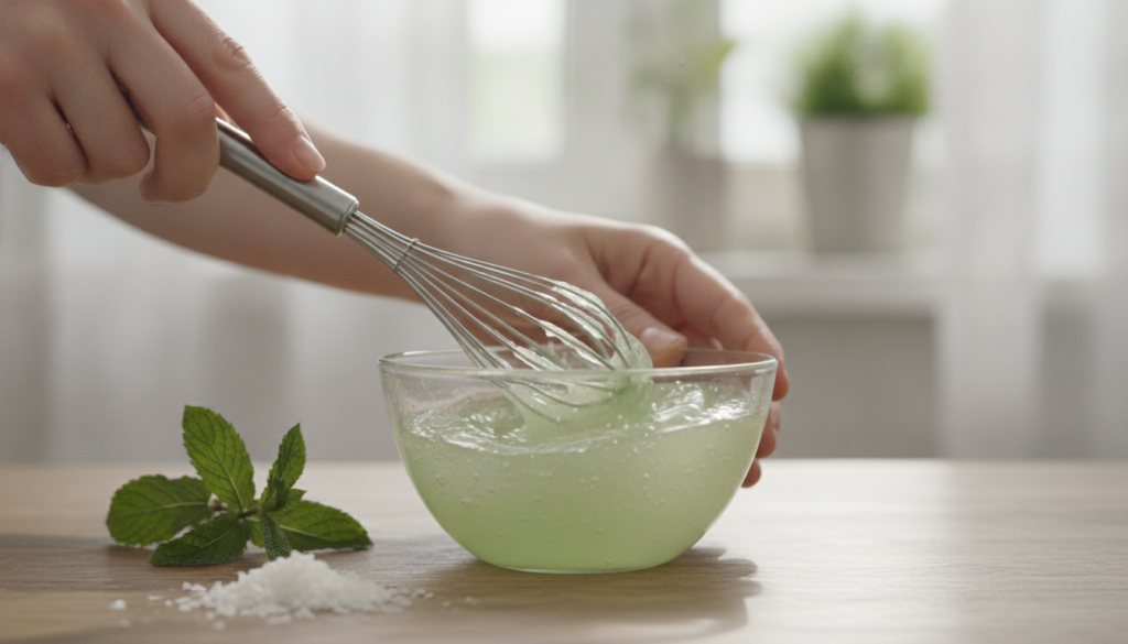 Hands gently stirring a homemade gel mixture in a glass bowl with a small whisk showing the ingredients coming together 