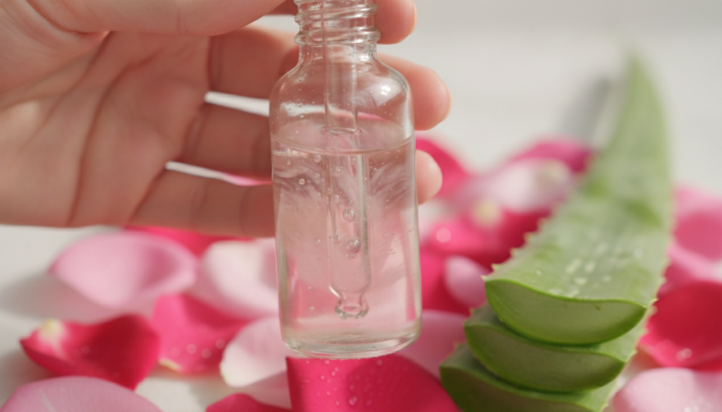 Close-up of a small glass dropper bottle filled with a bi-phase liquid oil and rose water aloe vera mixture with a hand 