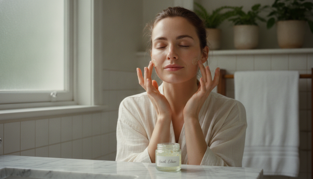 A woman with glowing clear skin gently applying the homemade anti-aging gel to her face eyes closed in contentment in a 