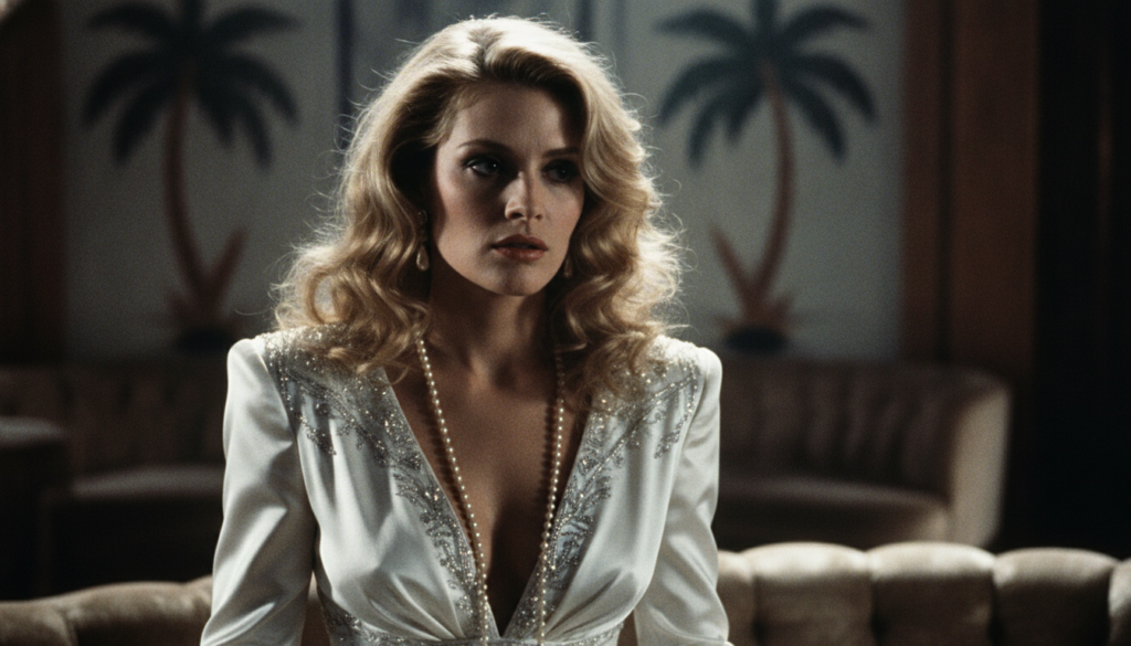 A real movie still from Scarface 1983 featuring Michelle Pfeiffer as Elvira Hancock perhaps in a scene with Al Pacino or