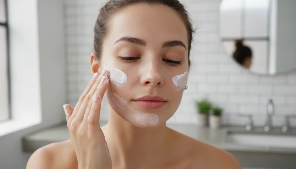 A woman gently applying the Vaseline and baking soda paste to her clean face with her fingertips Her expression is calm 