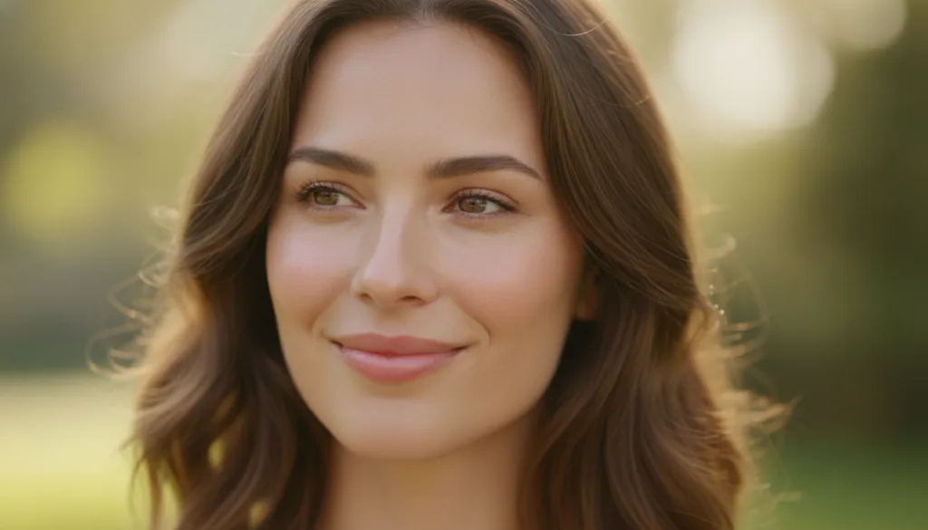 A woman with a clear glowing complexion smiling gently after using a face mask Her skin looks hydrated and smooth with s
