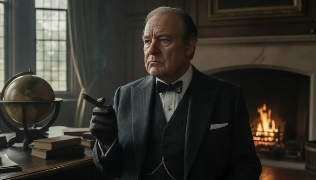 Gary Oldman in character portraying Winston Churchill in Darkest Hour with appropriate makeup and costume