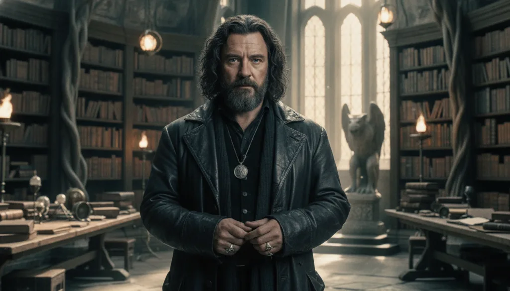 Gary Oldman as Sirius Black from the Harry Potter films with long dark hair and a serious expression