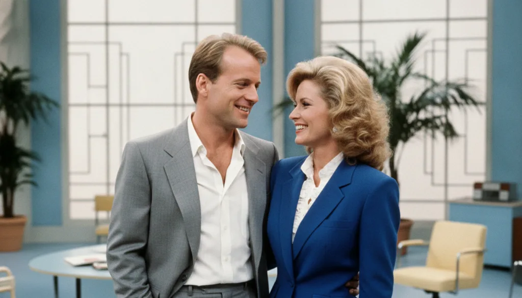 Bruce Willis and Cybill Shepherd in a publicity photo from the 1980s TV series Moonlighting