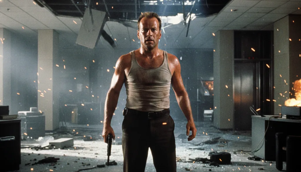 A movie still from Die Hard featuring Bruce Willis as John McClane looking determined amidst a chaotic action scene
