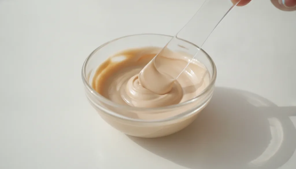 A close-up of a small glass bowl with a creamy light beige paste being mixed with a small spatula The paste has a smooth