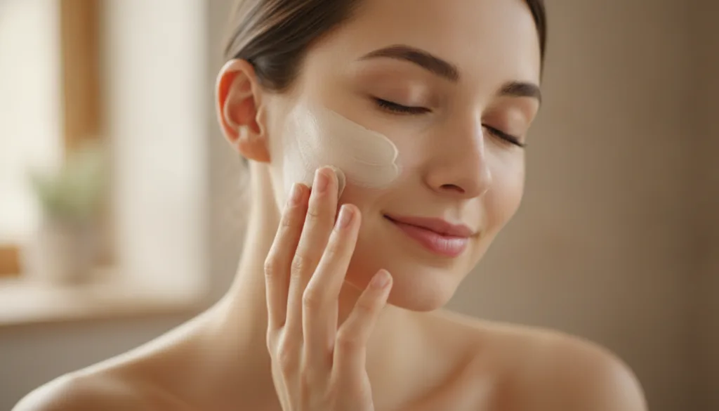 A woman gently applying a light creamy facial mask to her cheek with her fingertips her eyes closed in relaxation The ba