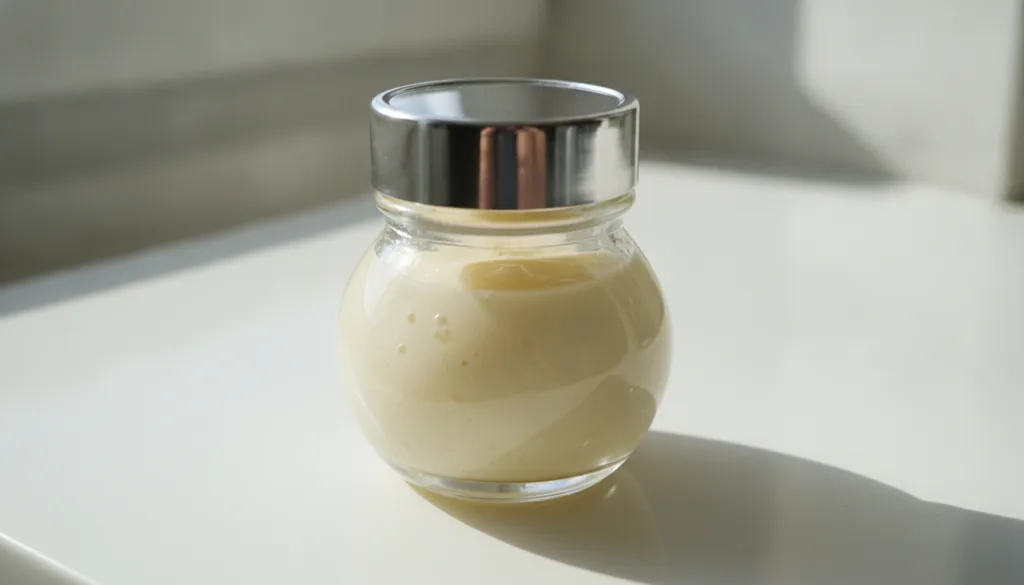 Close-up of a small glass jar containing the Smooth Radiant Blend Vaseline and sweet almond oil mixed with a label