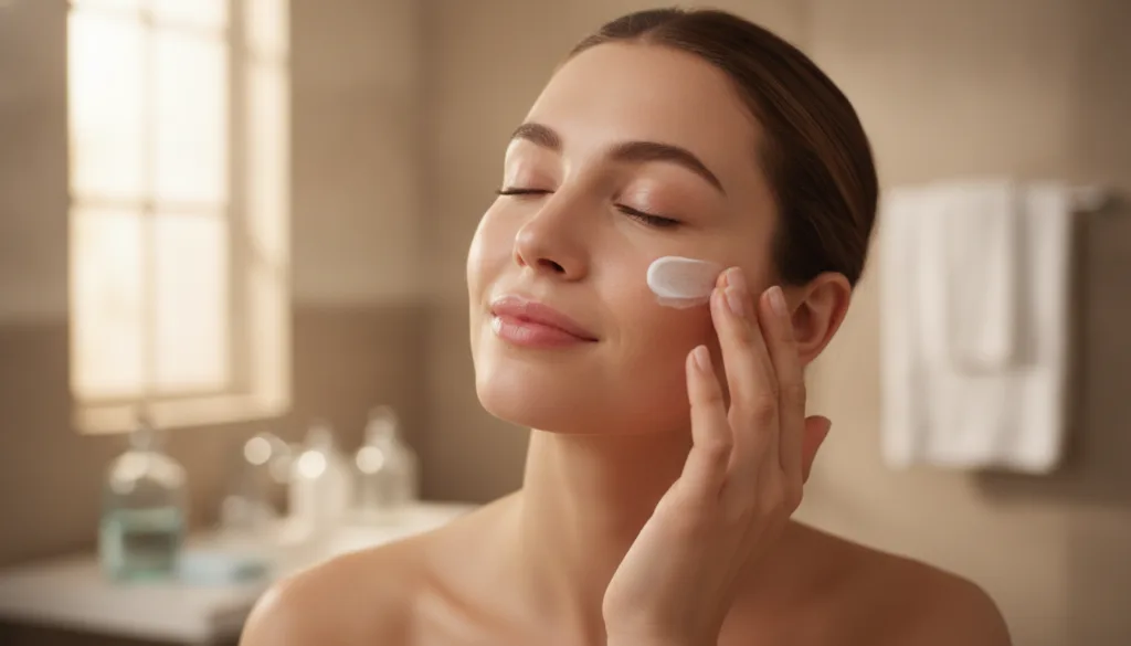 A woman gently applying a small amount of the Vaseline beauty blend to her cheek demonstrating usage with a soft natural