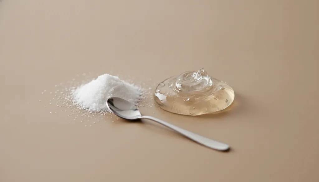 Close up of a small pile of white baking soda powder next to a dollop of clear Vaseline on a clean surface with a small 