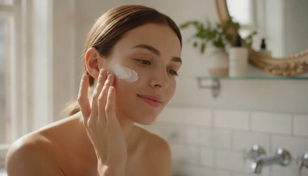 A woman gently applying a thin layer of the Vaseline and baking soda paste to her forehead or cheek looking into a mirro
