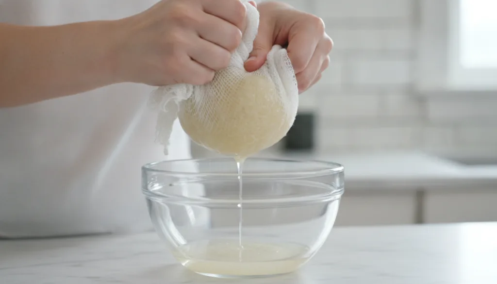 Close-up shot of freshly blended onion paste being strained through a cheesecloth into a bowl demonstrating the process 