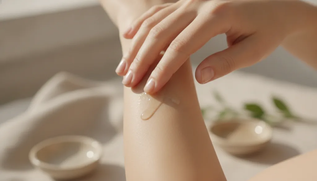 A close-up of a woman s hand gently rubbing a small amount of oil onto her arm showing glowing hydrated skin The backgro