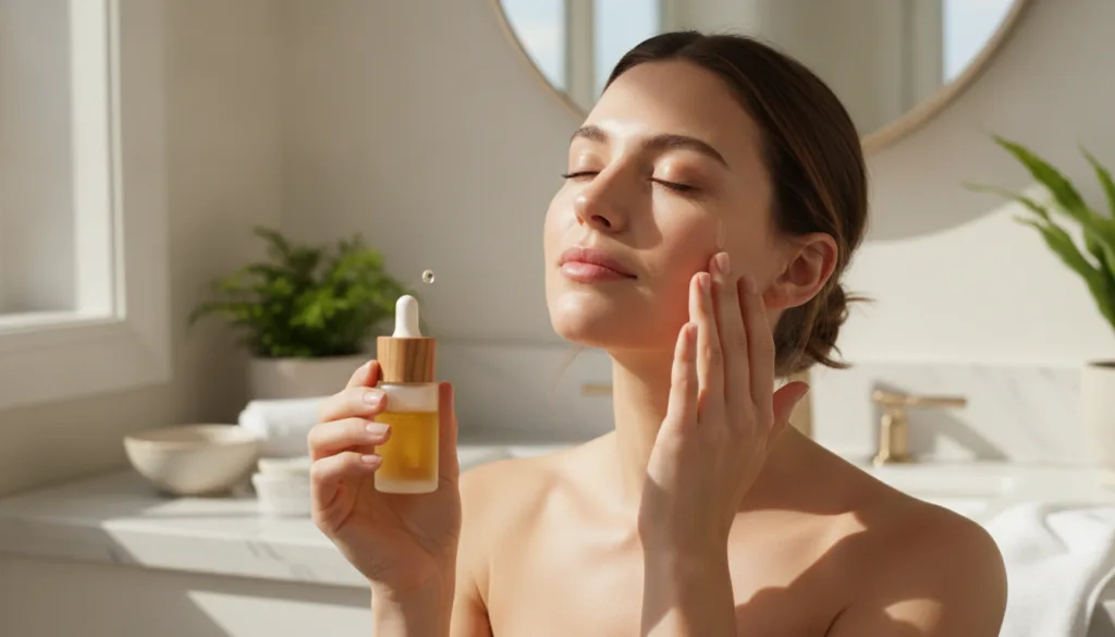 A woman gently applying a small amount of oil from a dropper bottle onto her clean face massaging it in with her fingert